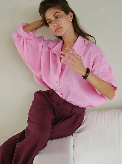 Harlow | Dames Oversized Blouse van Linnen met Klassieke Hemdkraag