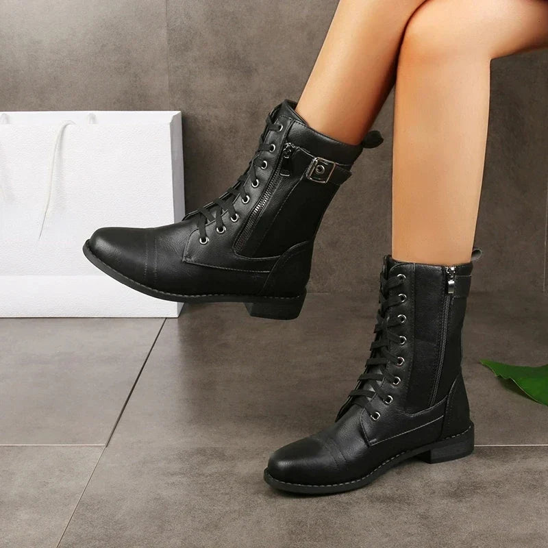 Women's Lace-Up Mid-Calf Boots - Leather Upper with Zipper