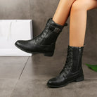 Women's Lace-Up Mid-Calf Boots - Leather Upper with Zipper