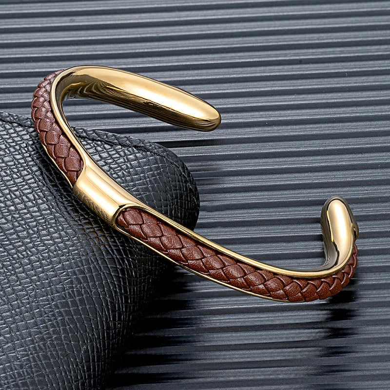 Men's Leather Cuff Bracelet - Stainless Steel and Braided Leather