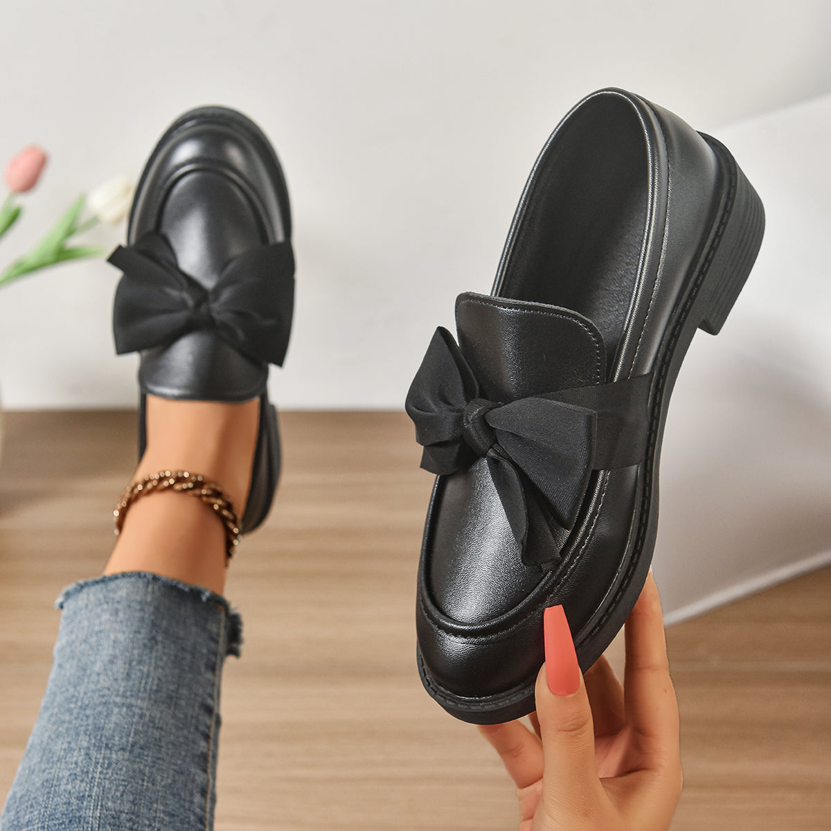 Women's Bow Loafers – Glossy Leather Platform Slip-Ons