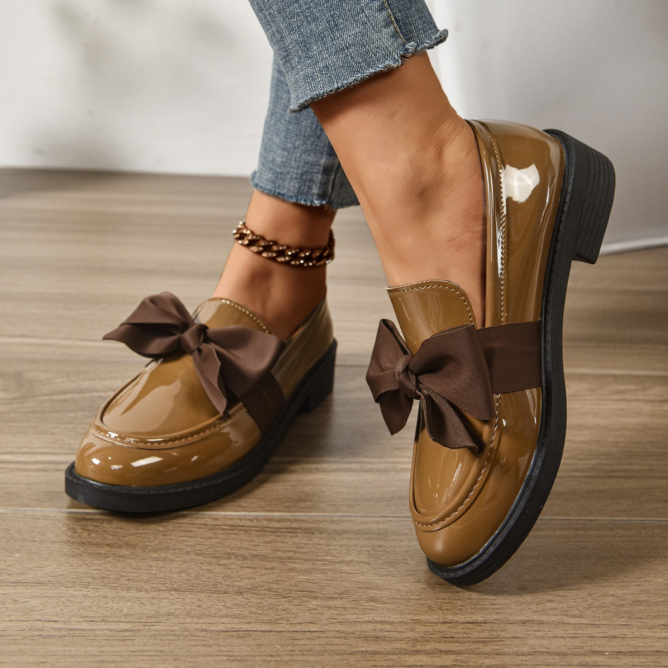 Women's Bow Loafers – Glossy Leather Platform Slip-Ons