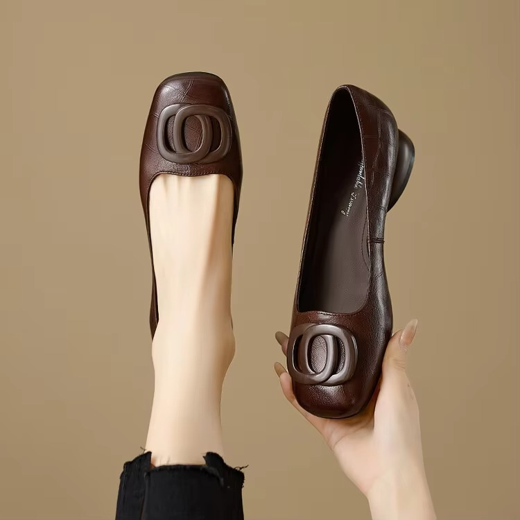 Women's Square Toe Loafers with Block Heel and Hardware Detail