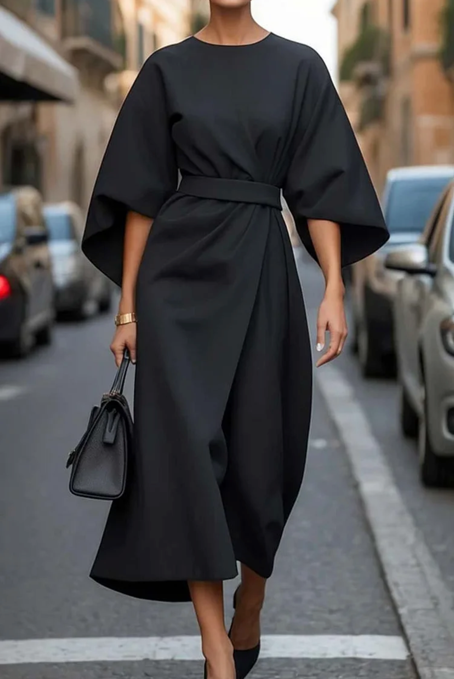 Women's Belted Dress with Lantern Sleeves