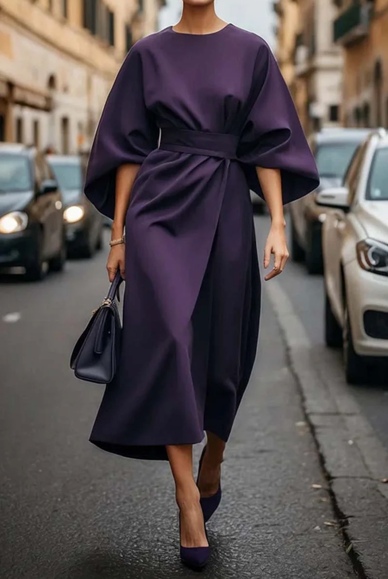 Women's Belted Dress with Lantern Sleeves