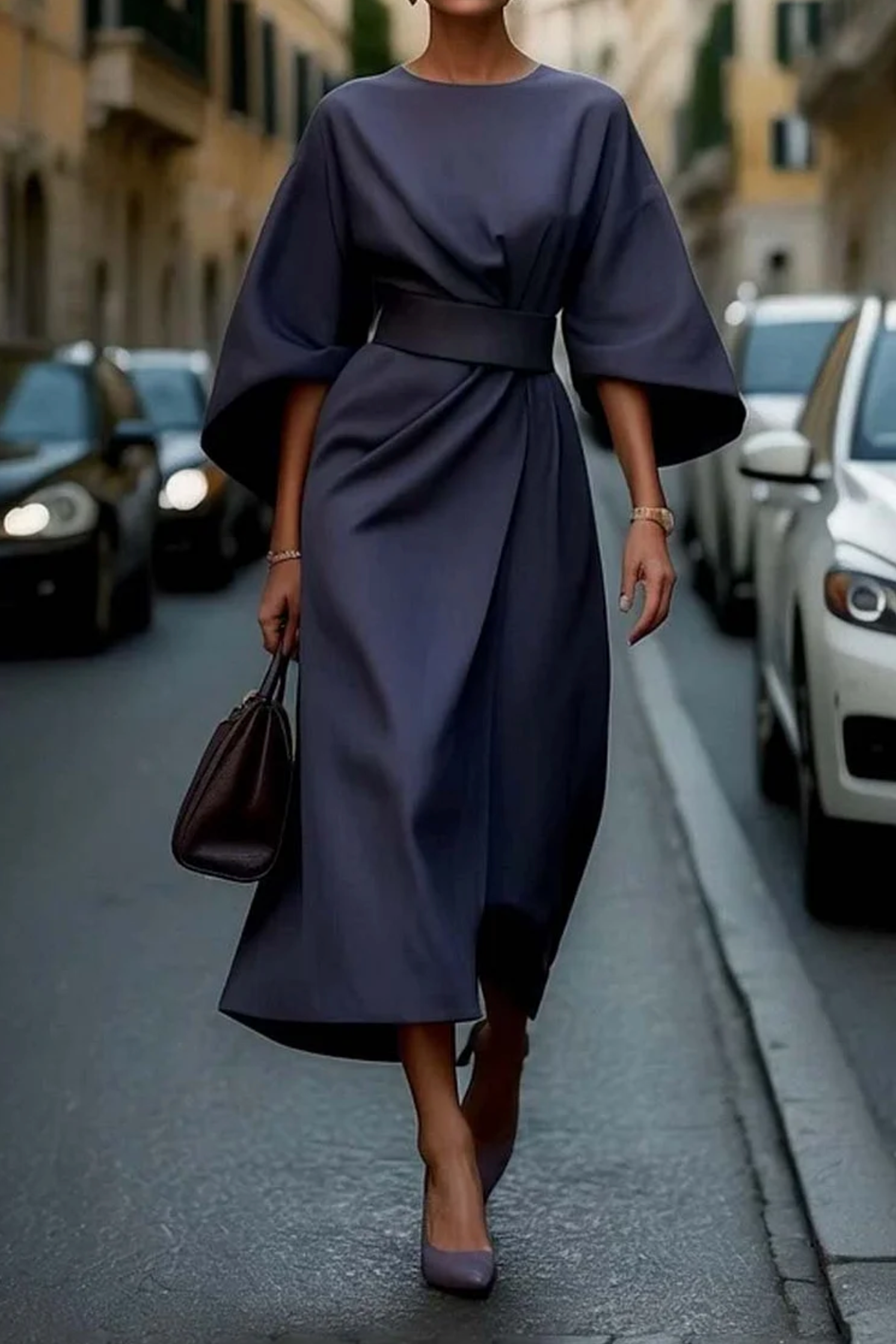 Women's Belted Dress with Lantern Sleeves