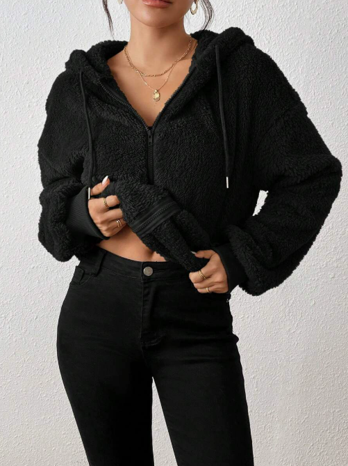 Women's Hooded Plush Cardigan with Zip Front