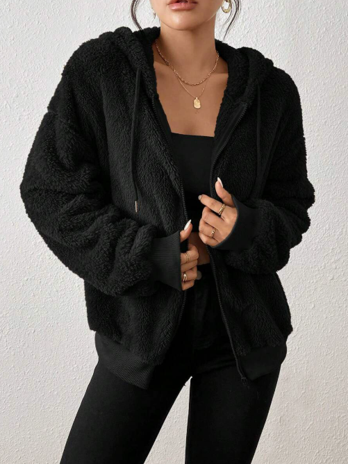 Women's Hooded Plush Cardigan with Zip Front