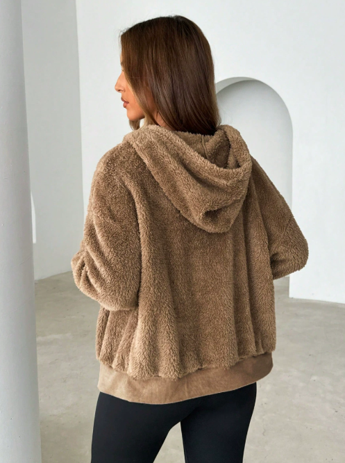 Women's Hooded Plush Cardigan with Zip Front