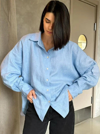 Harlow | Dames Oversized Blouse van Linnen met Klassieke Hemdkraag