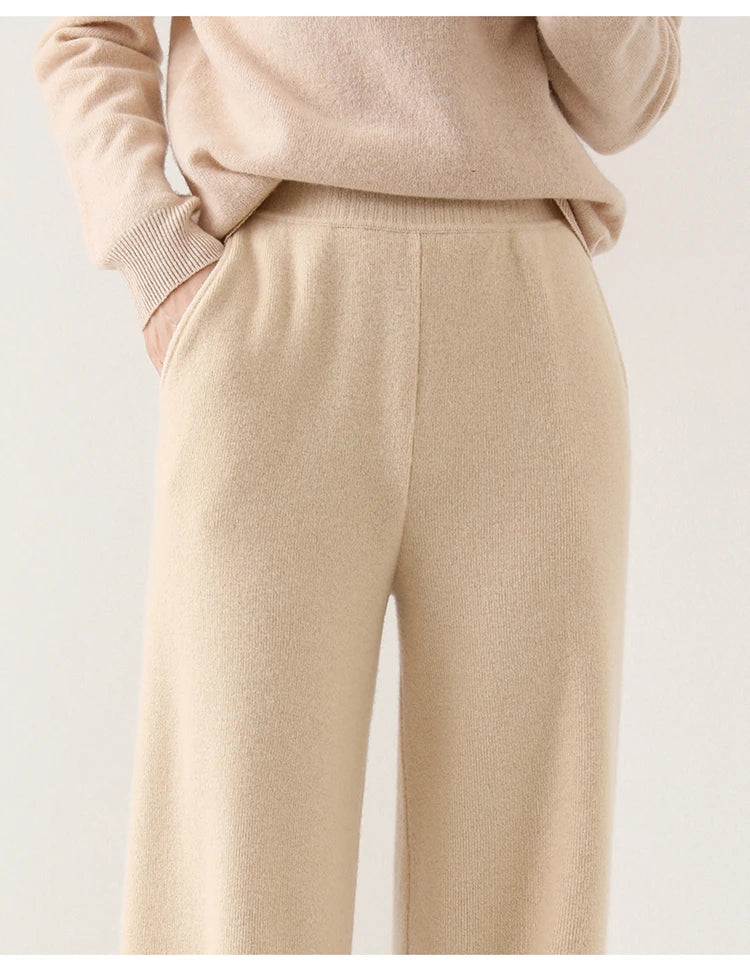 Women's Merino Wool Pants, High-Waisted Wide-Leg Knit