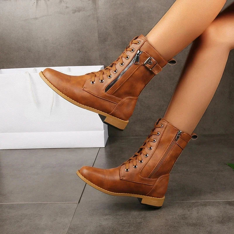 Women's Lace-Up Mid-Calf Boots - Leather Upper with Zipper