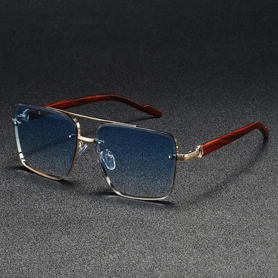 Square Metal Sunglasses with Wooden-Finish Arms