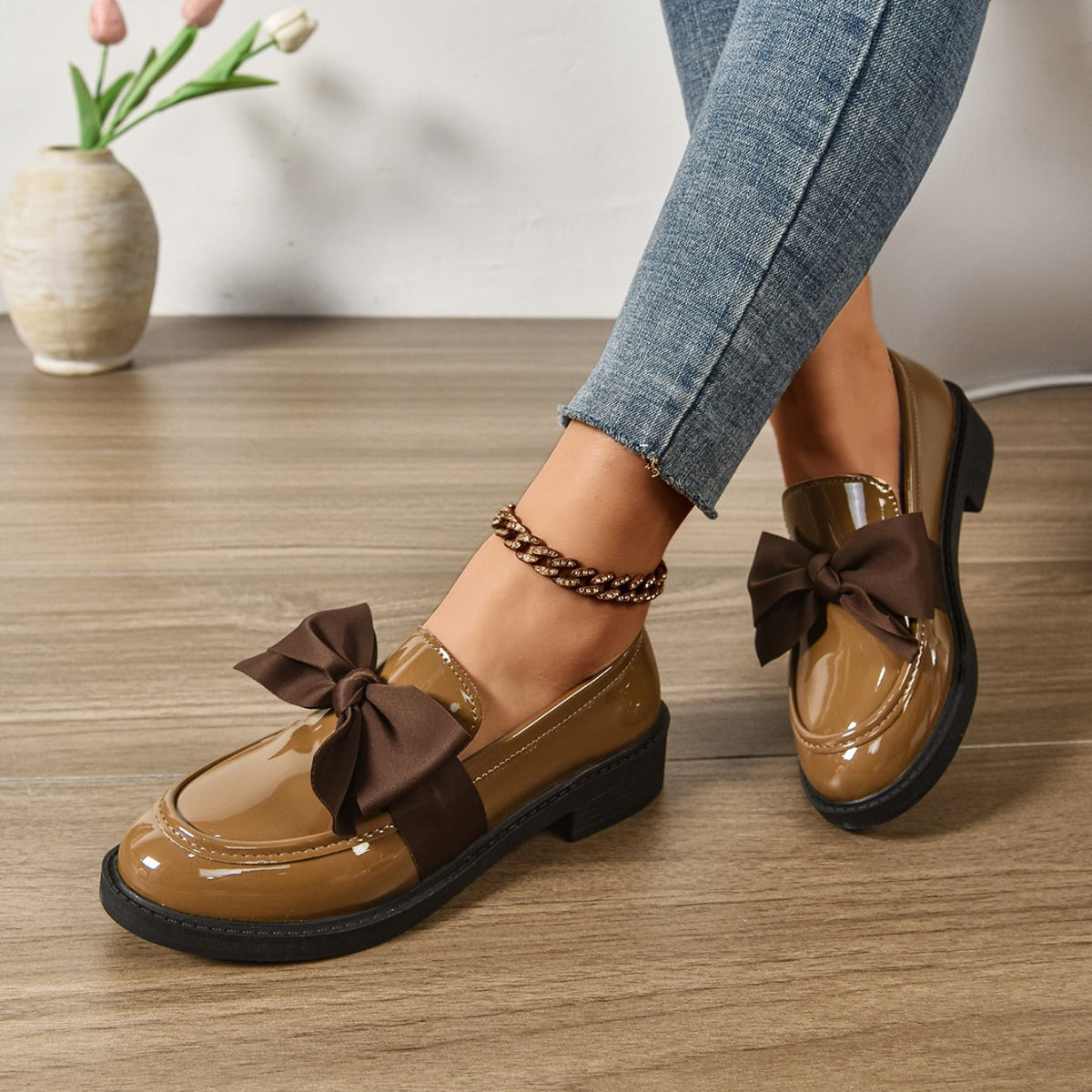 Women's Bow Loafers – Glossy Leather Platform Slip-Ons