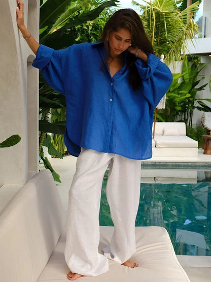 Harlow | Dames Oversized Blouse van Linnen met Klassieke Hemdkraag