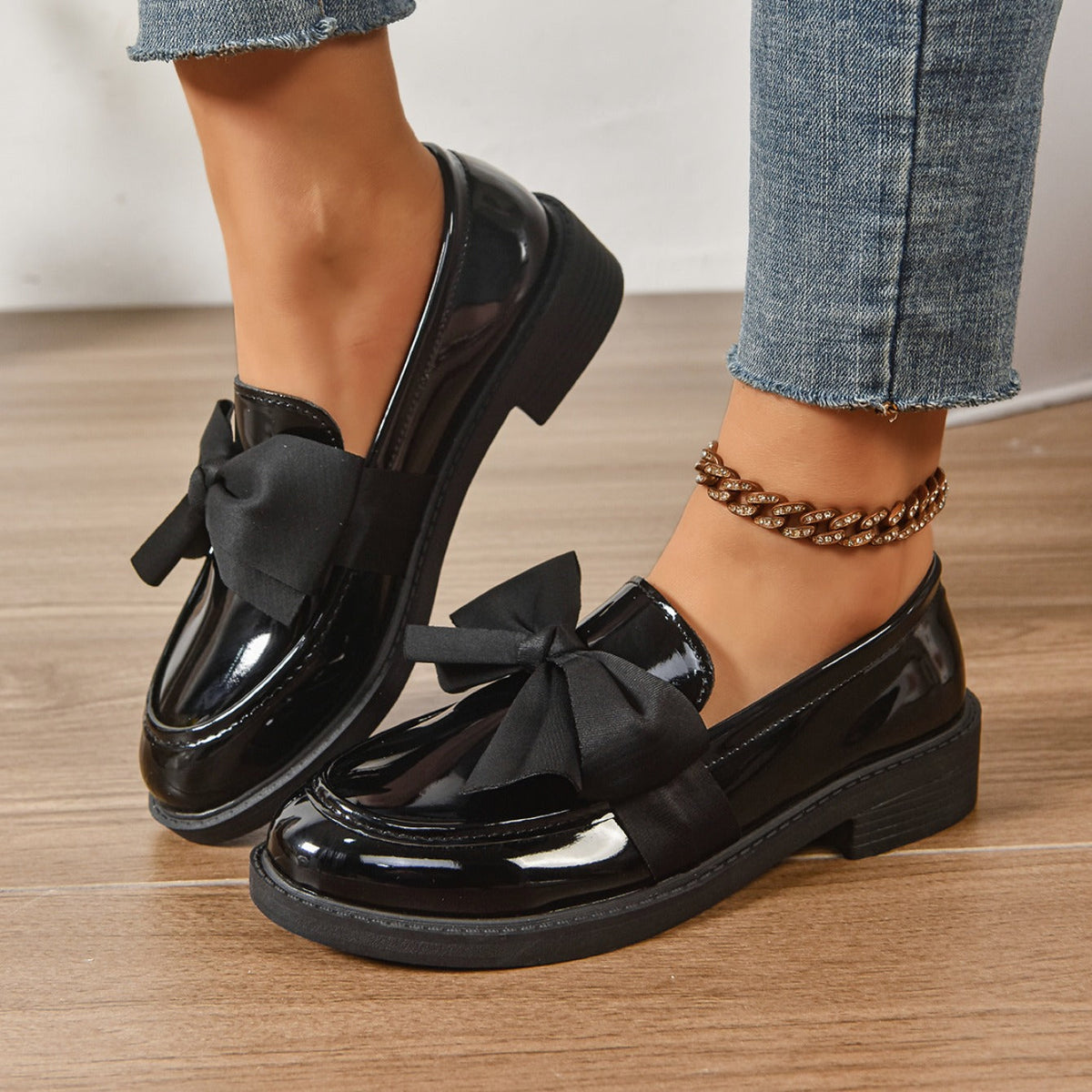 Women's Bow Loafers – Glossy Leather Platform Slip-Ons