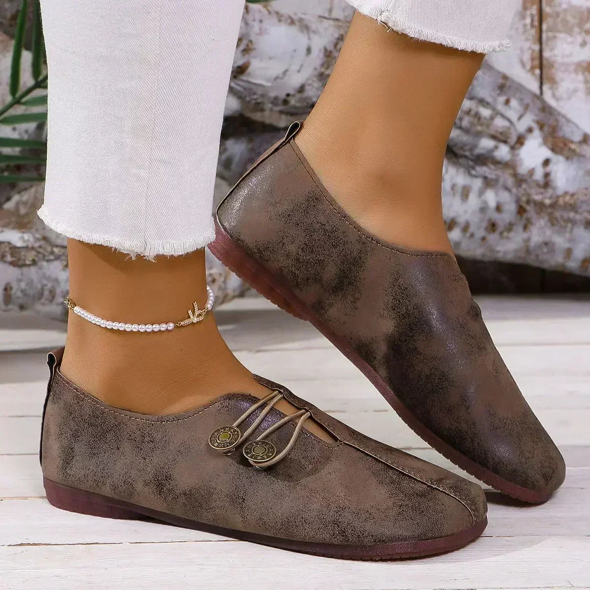 Women's Suede Loafers Soft Padded Insole Elastic Button Strap
