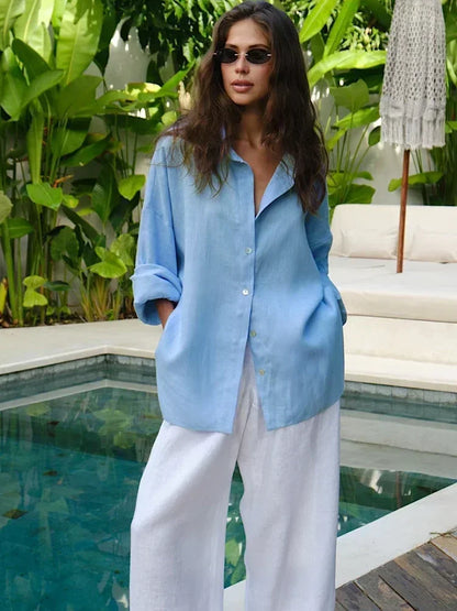 Harlow | Dames Oversized Blouse van Linnen met Klassieke Hemdkraag