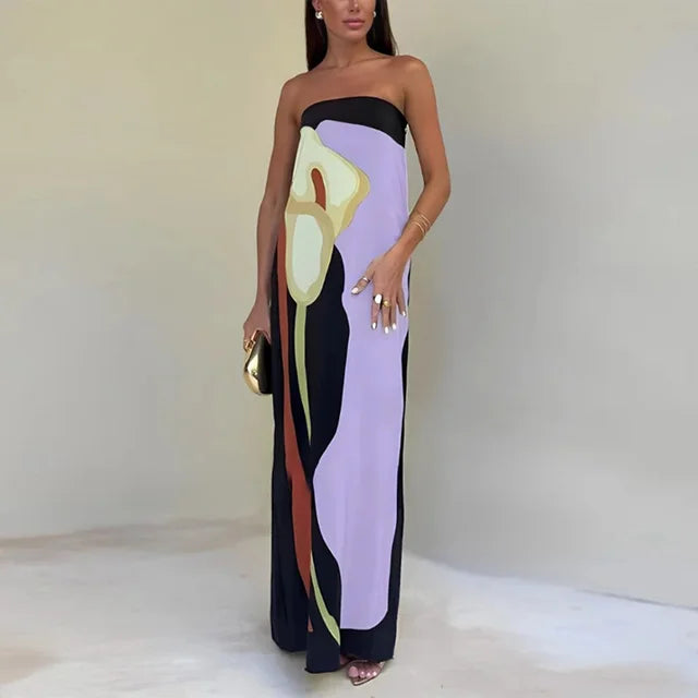 Women's Maxi Dress Strapless Color Block Print