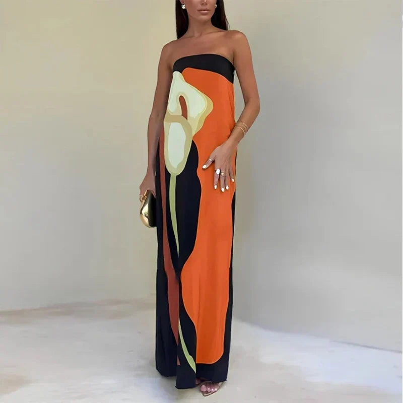 Women's Maxi Dress Strapless Color Block Print