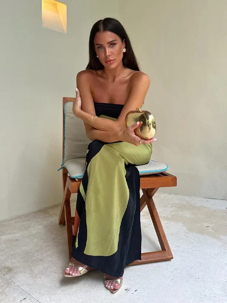 Women's Maxi Dress Strapless Color Block Print