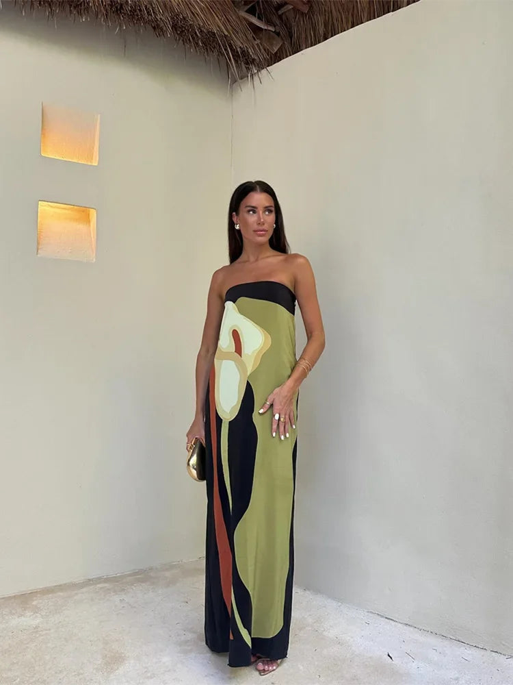 Women's Maxi Dress Strapless Color Block Print