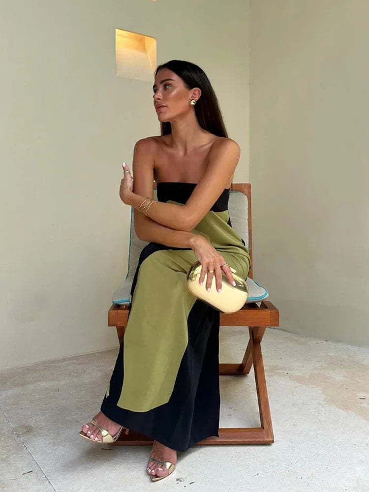 Women's Maxi Dress Strapless Color Block Print