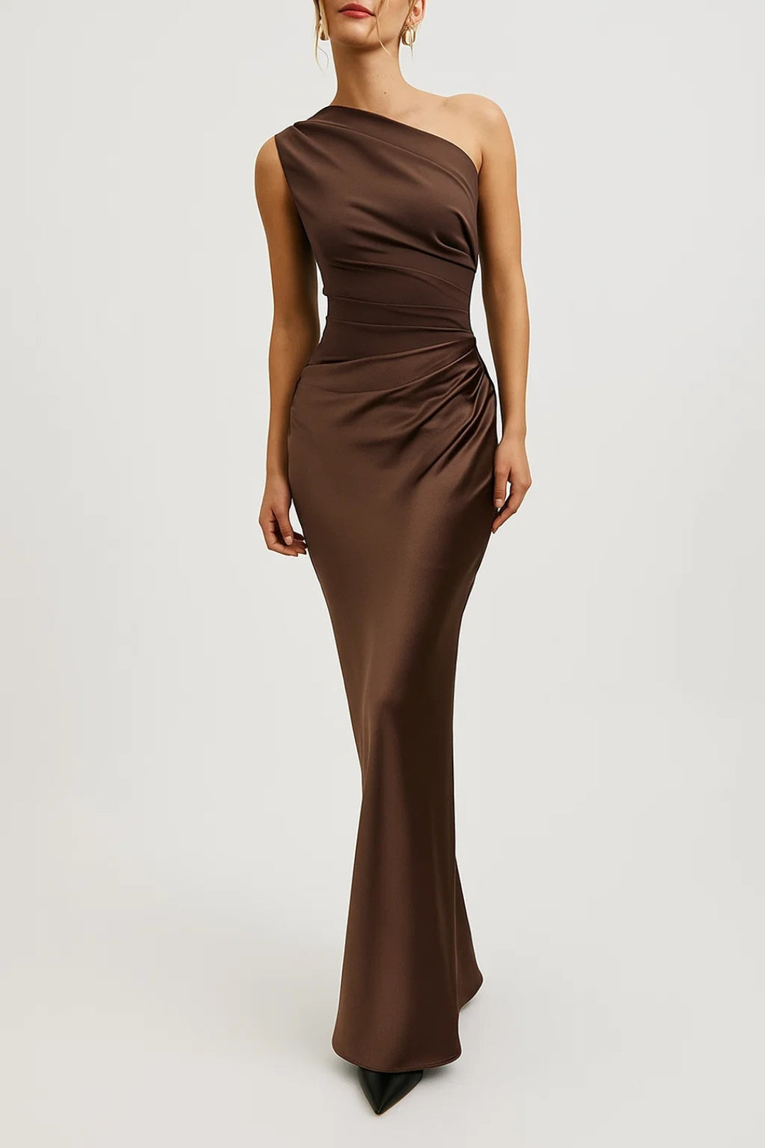 Women's One Shoulder Maxi Dress - Bodycon Fit with Pleated Waist