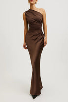Women's One Shoulder Maxi Dress - Bodycon Fit with Pleated Waist