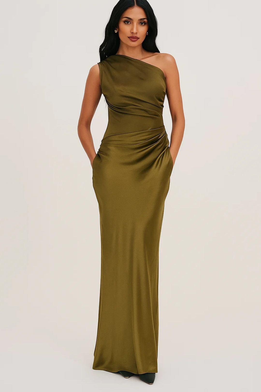 Women's One Shoulder Maxi Dress - Bodycon Fit with Pleated Waist
