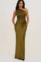 Women's One Shoulder Maxi Dress - Bodycon Fit with Pleated Waist