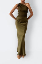 Women's One Shoulder Maxi Dress - Bodycon Fit with Pleated Waist