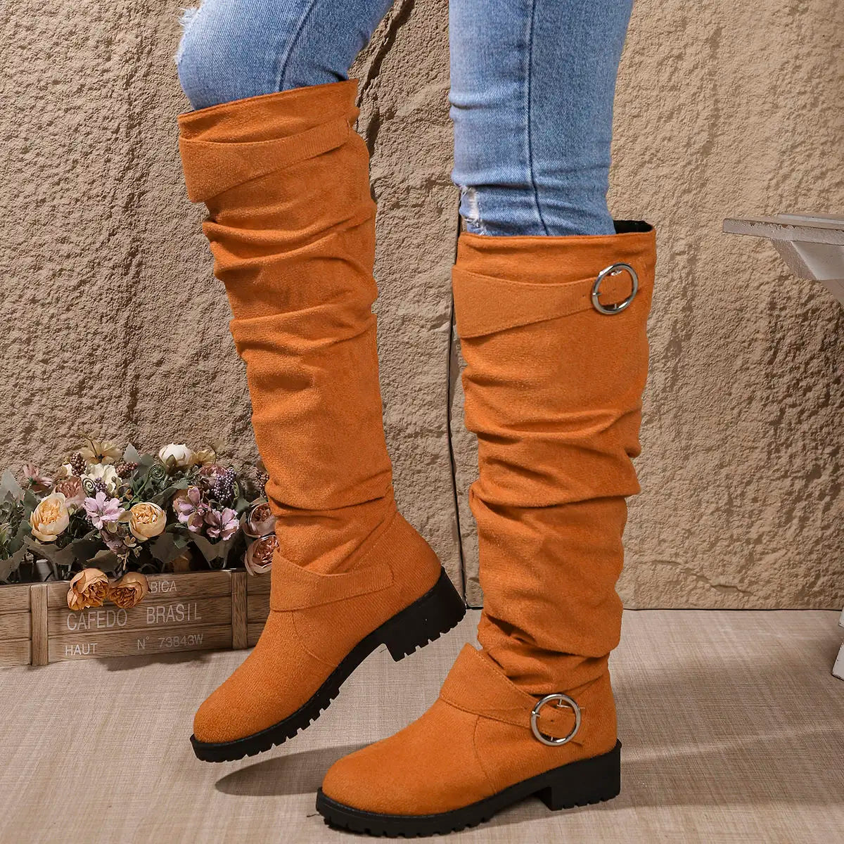 Knee High Boots for Women with Buckle Detail, Slouchy Fit