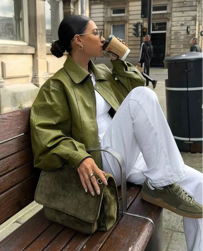 Elza PU-Leren Jas | Oversized dames jas in olijfgroen met moderne streetwear look