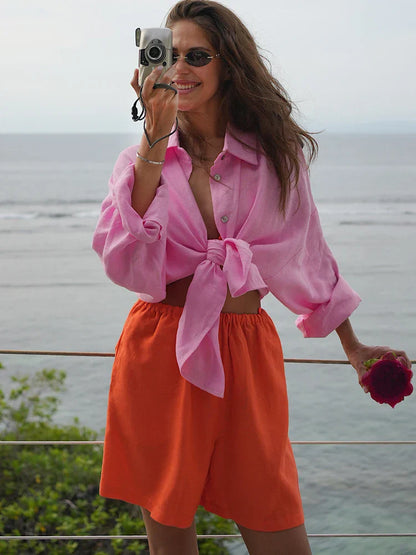 Harlow | Dames Oversized Blouse van Linnen met Klassieke Hemdkraag