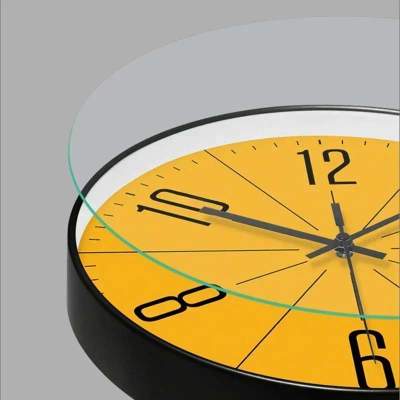 Wall Clock with yellow dial and black case, glass cover being lifted in a modern room.