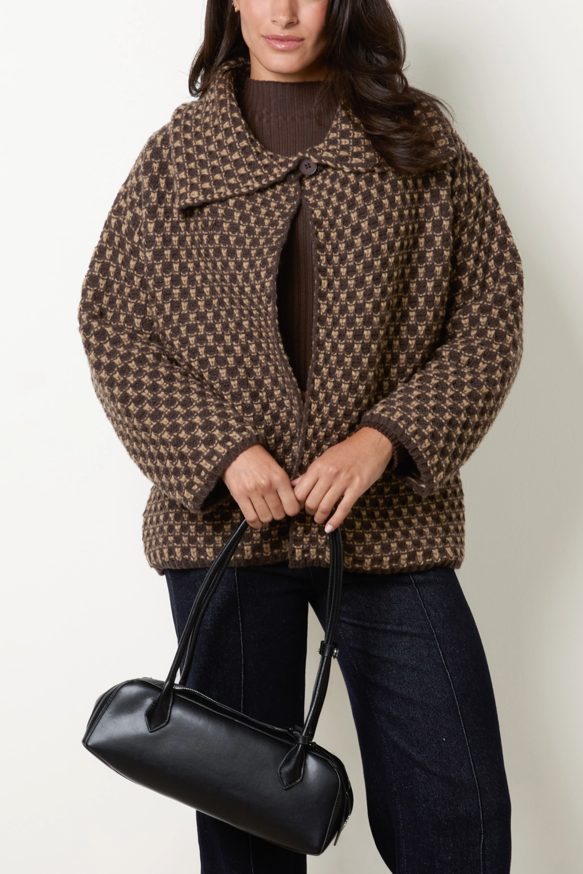 Women's Structured Knit Coat with Geo Texture in Chocolate Brown