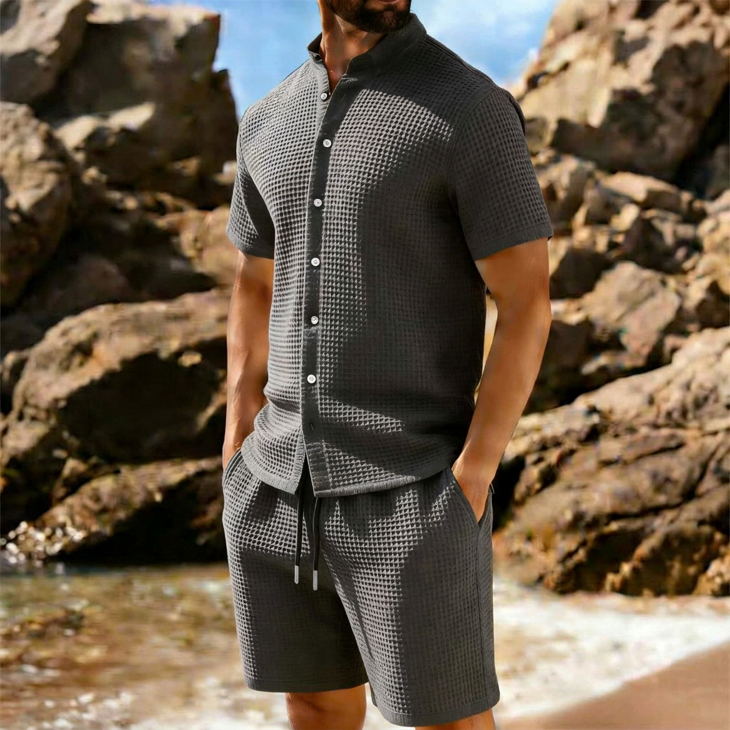 Men's Textured Knit Co-ord Set – Short Sleeve Shirt & Shorts
