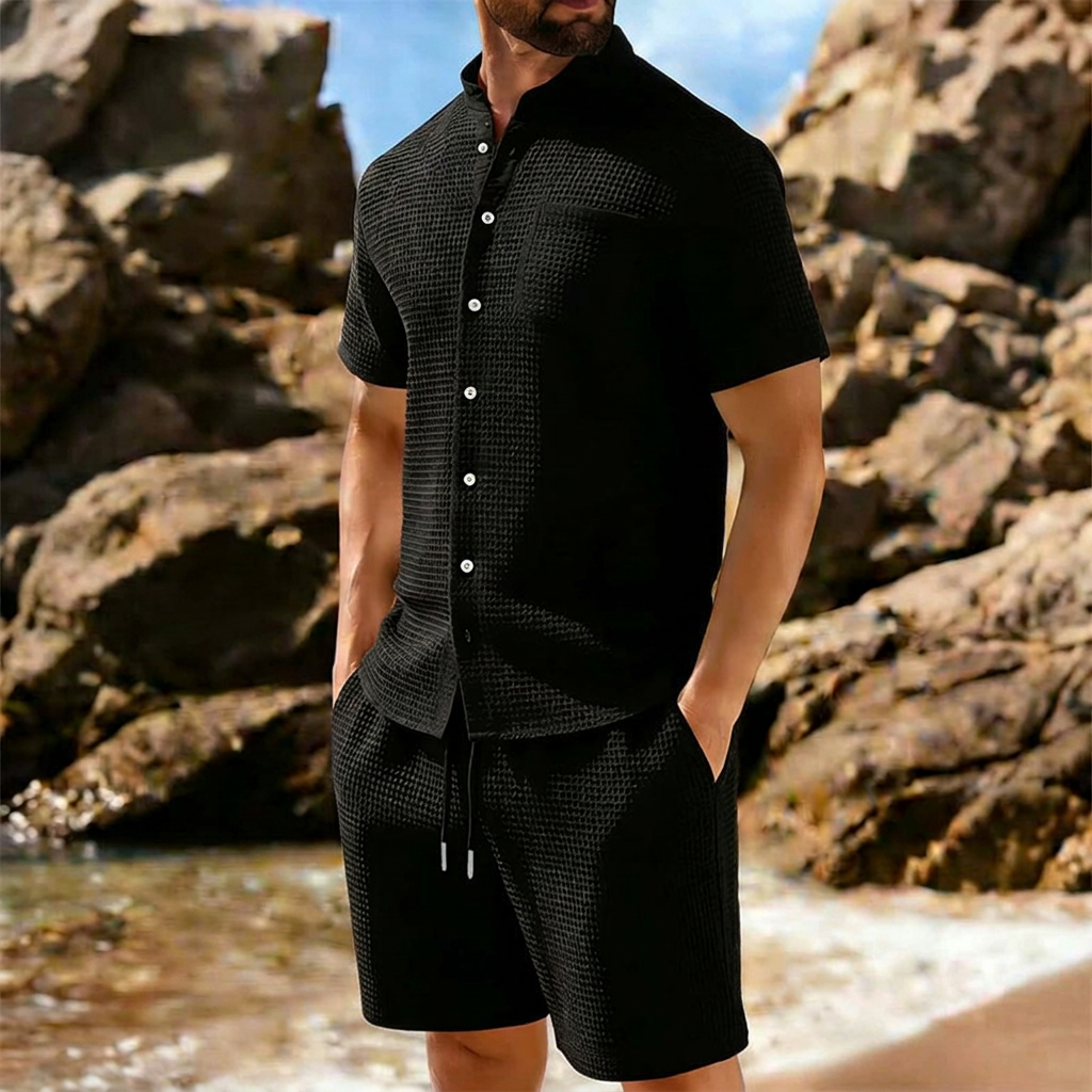 Men's Textured Knit Co-ord Set – Short Sleeve Shirt & Shorts