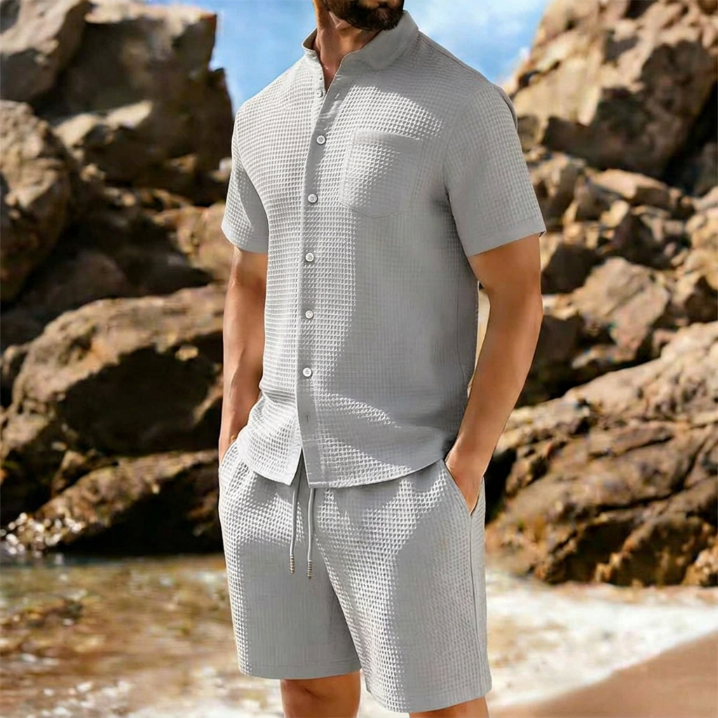 Men's Textured Knit Co-ord Set – Short Sleeve Shirt & Shorts