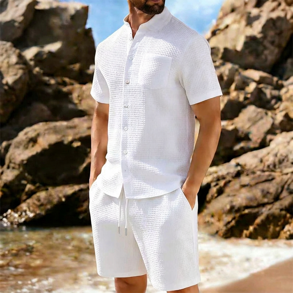 Men's Textured Knit Co-ord Set – Short Sleeve Shirt & Shorts