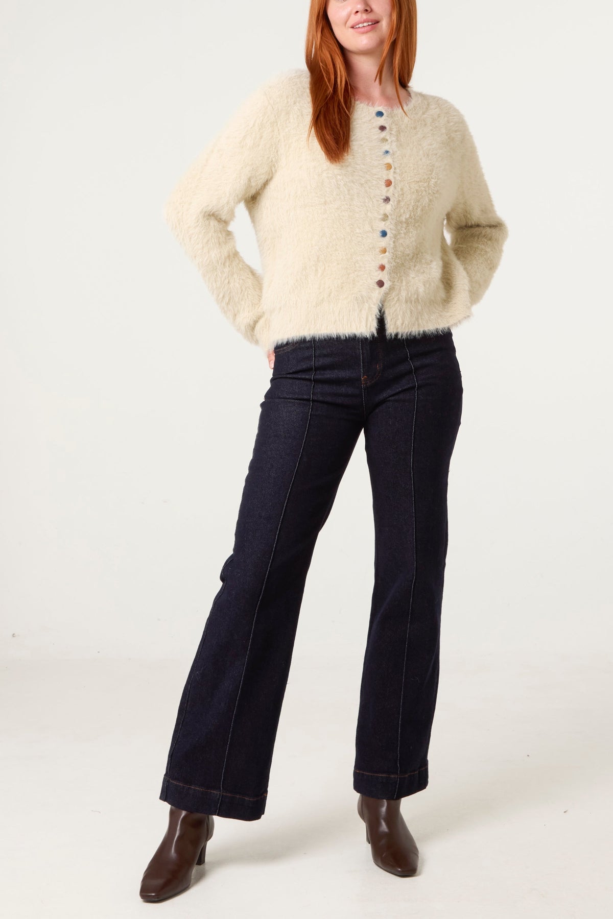 Women's Beige Cardigan with Multicolour Button Detail