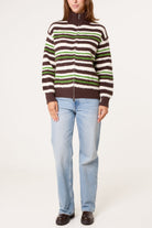 Women's Zip-Up Striped Knit Jumper - High Neck Chocolate Sweater