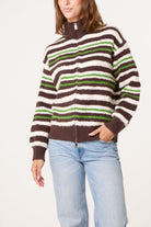 Women's Zip-Up Striped Knit Jumper - High Neck Chocolate Sweater