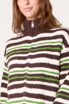 Women's Zip-Up Striped Knit Jumper - High Neck Chocolate Sweater