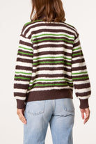Women's Zip-Up Striped Knit Jumper - High Neck Chocolate Sweater