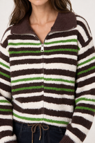 Women's Zip-Up Striped Knit Jumper - High Neck Chocolate Sweater