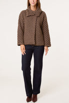 Women's Structured Knit Coat with Geo Texture in Chocolate Brown