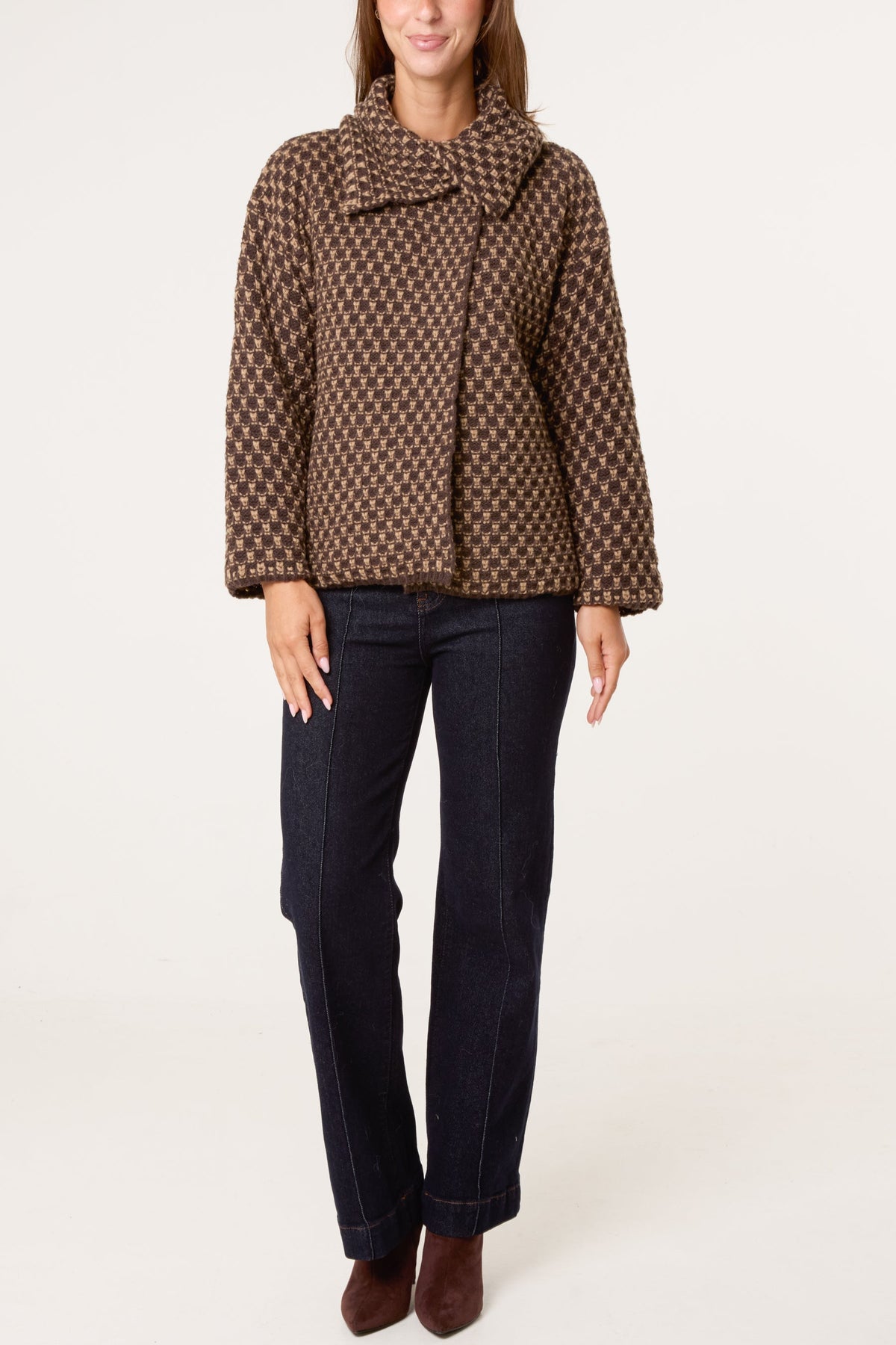 Women's Structured Knit Coat with Geo Texture in Chocolate Brown