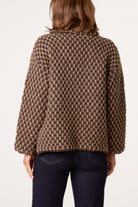 Women's Structured Knit Coat with Geo Texture in Chocolate Brown